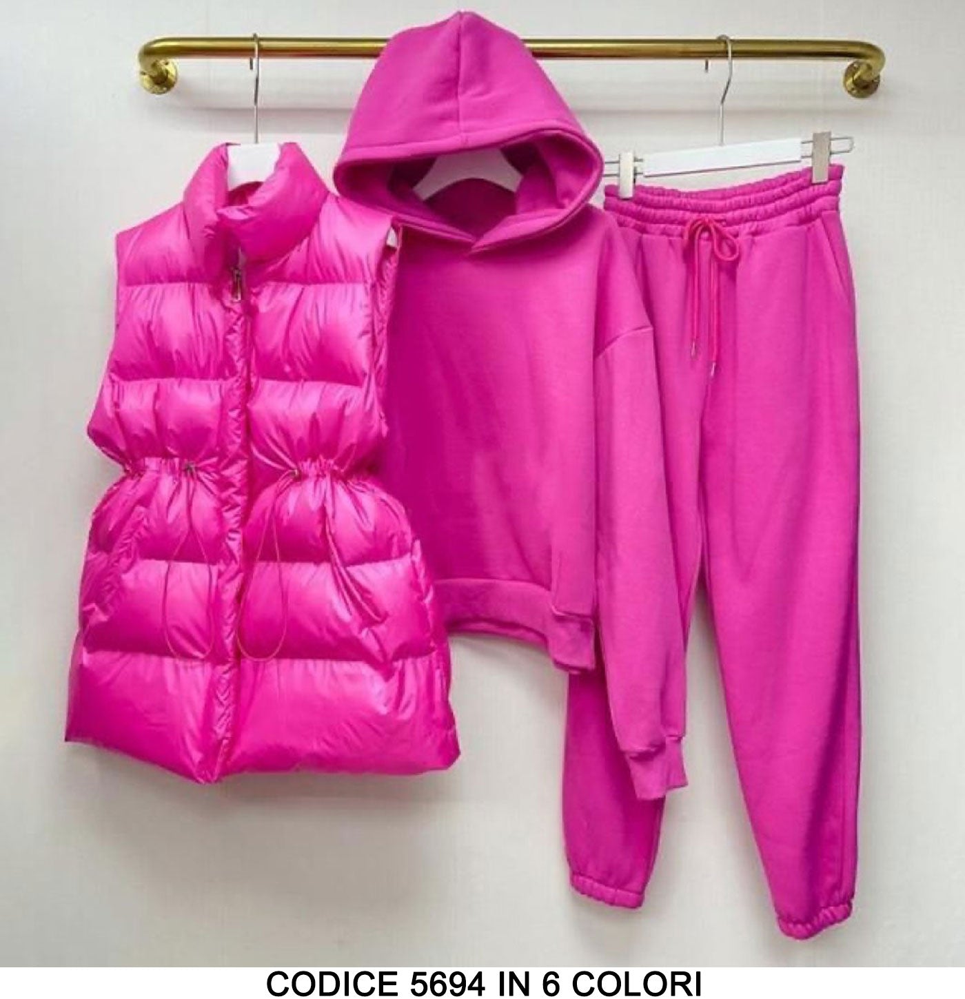 Coordinato Gilet Piumino Smanicato e Tuta Felpa con Cappuccio Pantalone Elastico Completo in 6 Colori - 5694