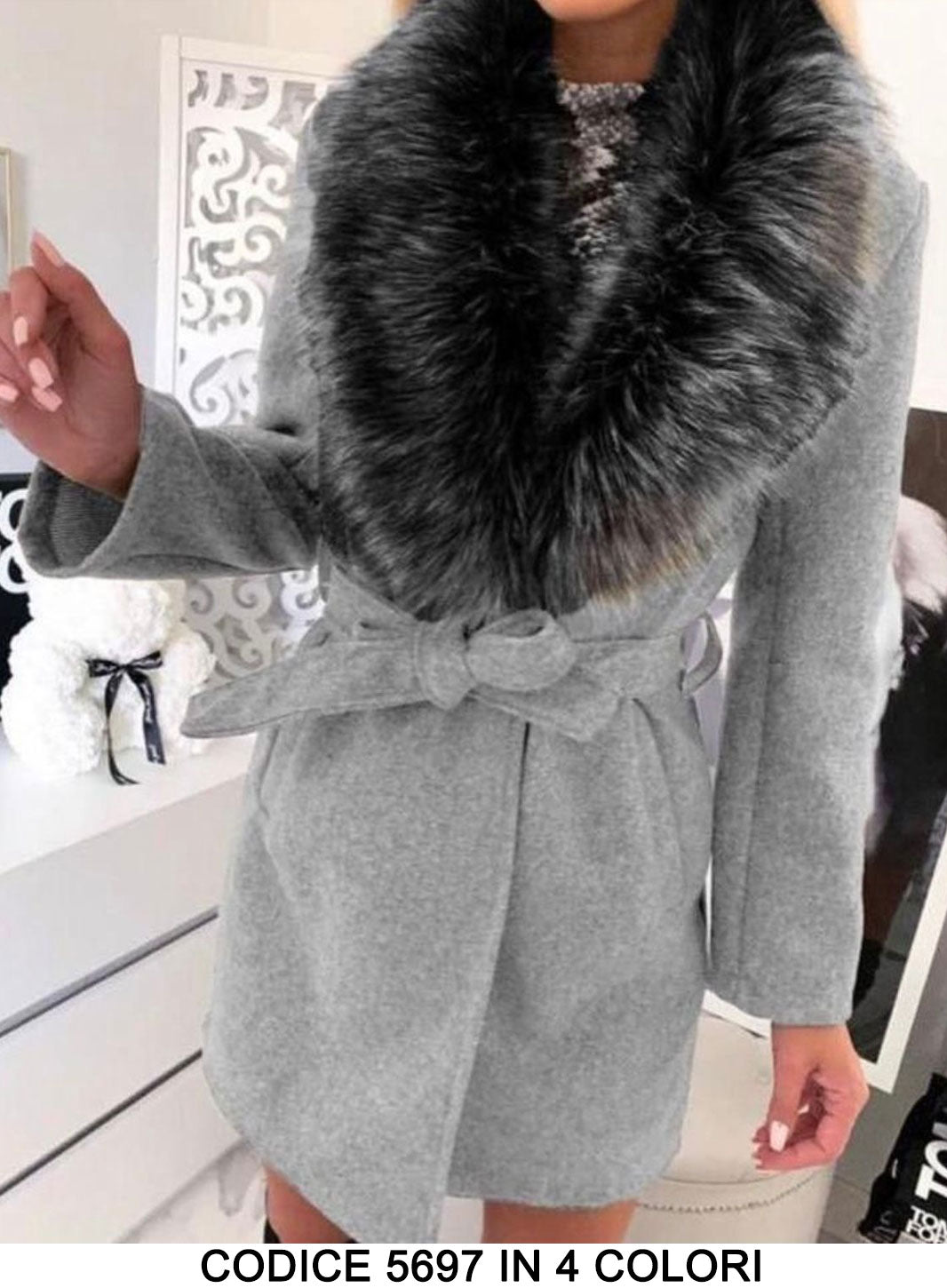 Cappotto Lungo Donna con Cintura e Collo in eco Pelliccia Casual Elegante Giacca in 4 Colori - 5697