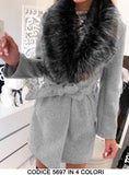 Cappotto Lungo Donna con Cintura e Collo in eco Pelliccia Casual Elegante Giacca in 4 Colori - 5697