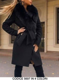 Cappotto Lungo Donna con Cintura e Collo in eco Pelliccia Casual Elegante Giacca in 4 Colori - 5697