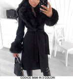 Cappotto Lungo Donna Fashion Collo e Polsini in eco Pelliccia con Cintura Giacca Casual in 3 Colori - 5698