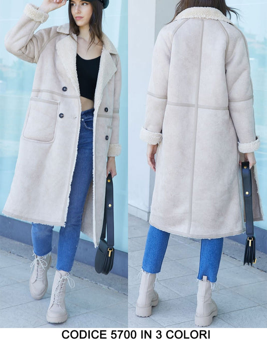 Cappotto Lungo Montone Con Tasche Bottoni Imbottitura In Pellicciotto Manica Con Risvolto In 3 Colori - 5700
