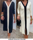 Abito Lungo Midi Scollo V Fascia Centrale Bicolore Elegante Vestito Casual in 2 Colori - 5703