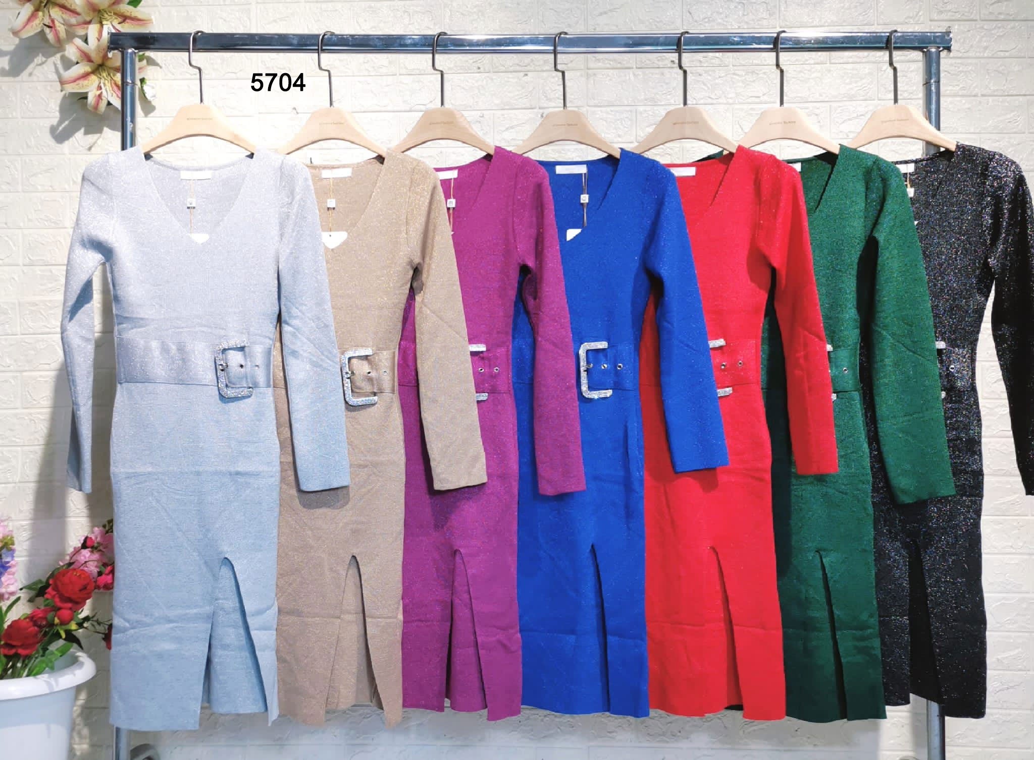 Abito Corto Elegante con Cintura Brillantinata Scollo V Vestito con Spacco Sensuale Casual in 7 Colori - 5704