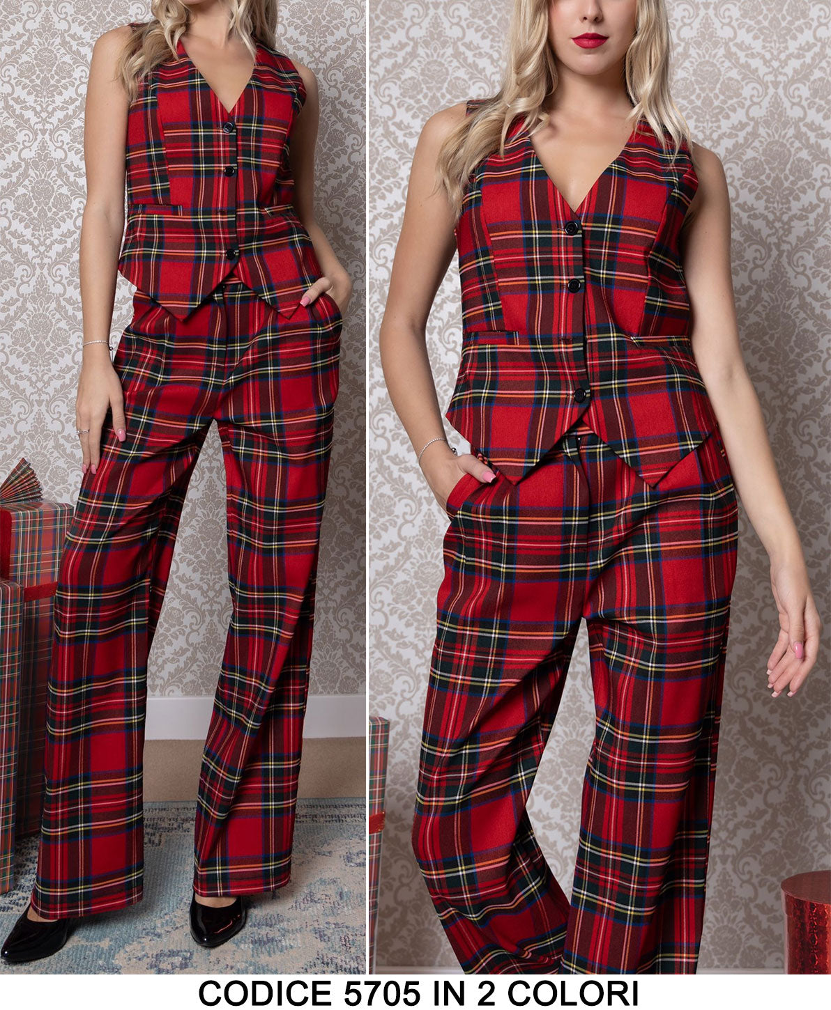 Completo Gilet e Pantalone Palazzo Trama Scozzese Rosso Coordinato per Tailleur in 2 Colori - 5705