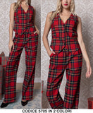 Completo Gilet e Pantalone Palazzo Trama Scozzese Rosso Coordinato per Tailleur in 2 Colori - 5705