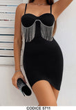 Abito Corto Elegante Nero con Frange in Strass Argentate Vestito da Serata Tubino Sensuale - 5711