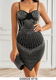 Abito Corto Elegante Nero interamente in Strass Argentato Vestito da Serata Tubino Sensuale - 5712