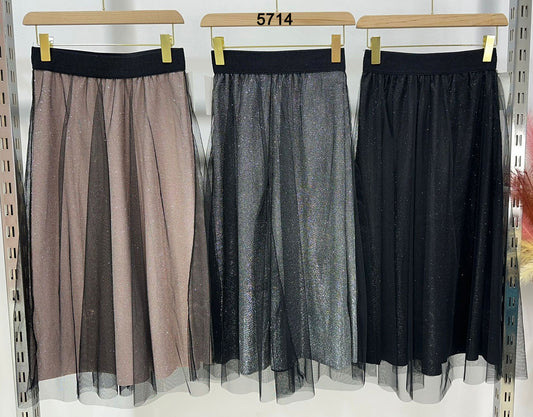 Gonna Lunga Brillantini Fascia Nera con Velo Sovrapposto Casual Elegante Brillantinata in 3 Colori - 5714