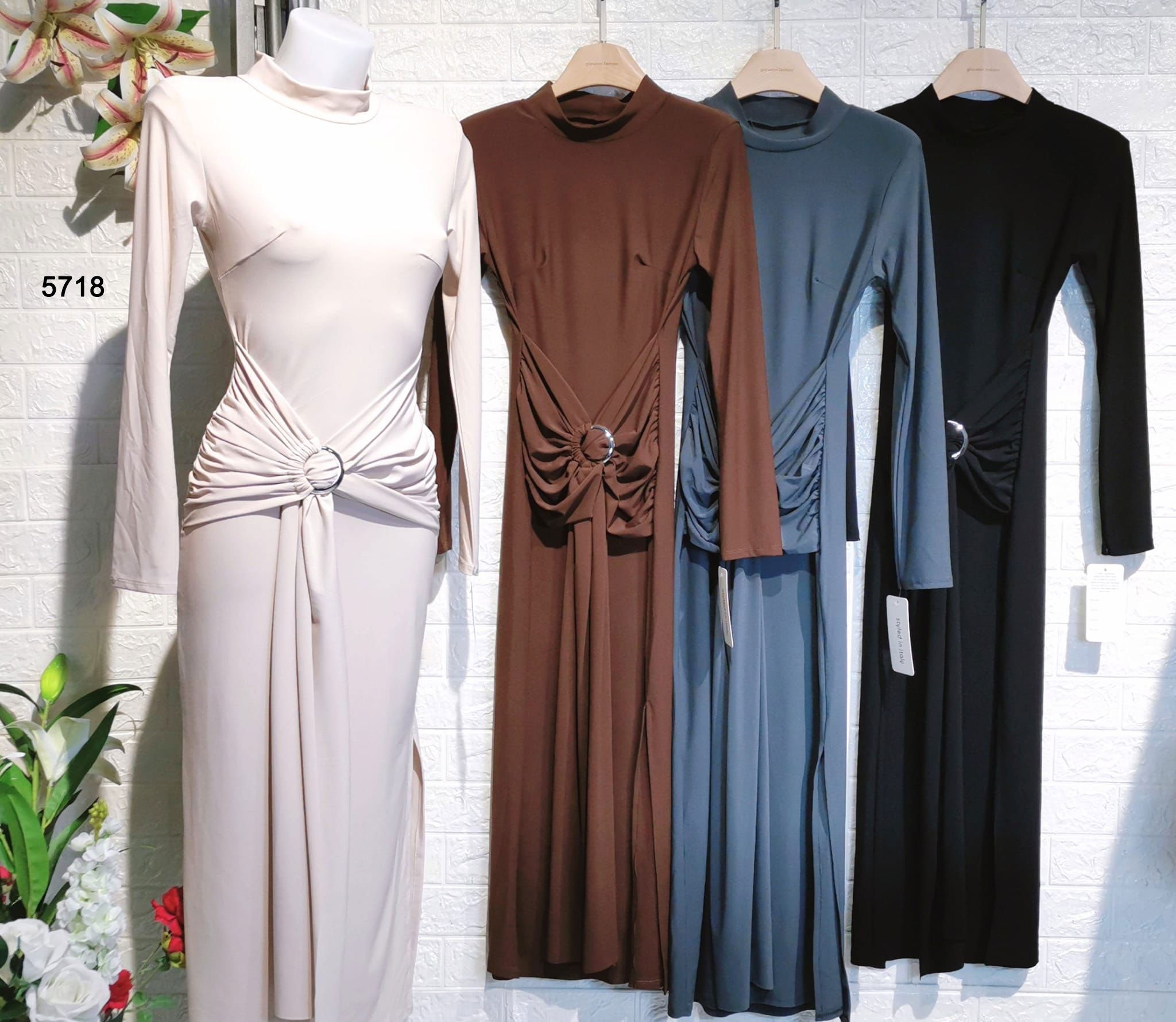 Abito Lungo Elegante Collo Alto Aderente Allacciato in Vita con Anello Vestito Casual in 4 Colori - 5718