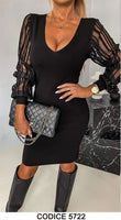 Abito Nero Elegante Maniche a Sbuffo Trasparenti con Righe Nere Vestito Casual Sensuale Scollo V - 5722