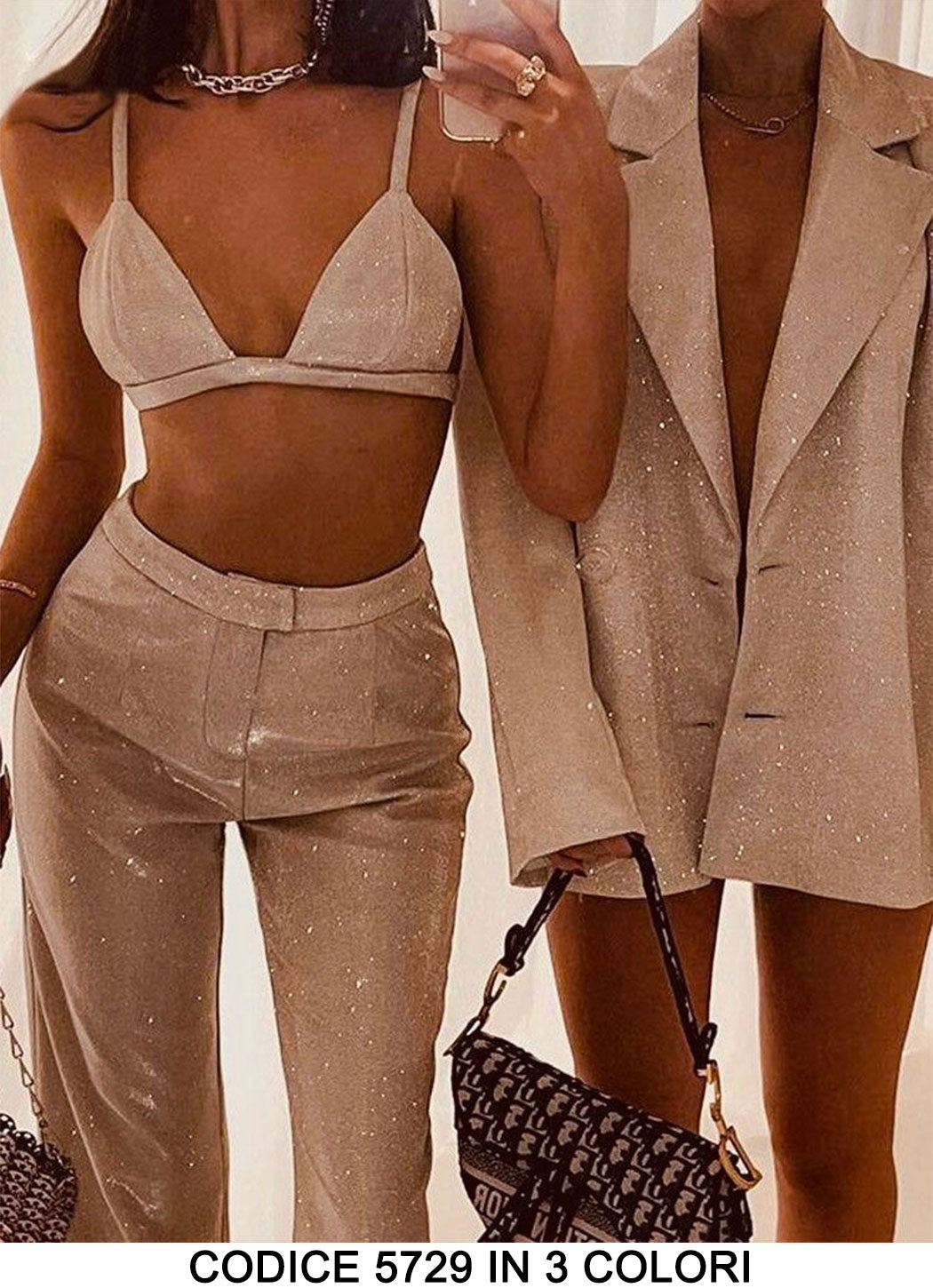Tailleur 3 Pezzi Completo Giacca Pantaloni Top Reggiseno Effetto Brillantinato Coordinato Casual in 3 Colori - 5729