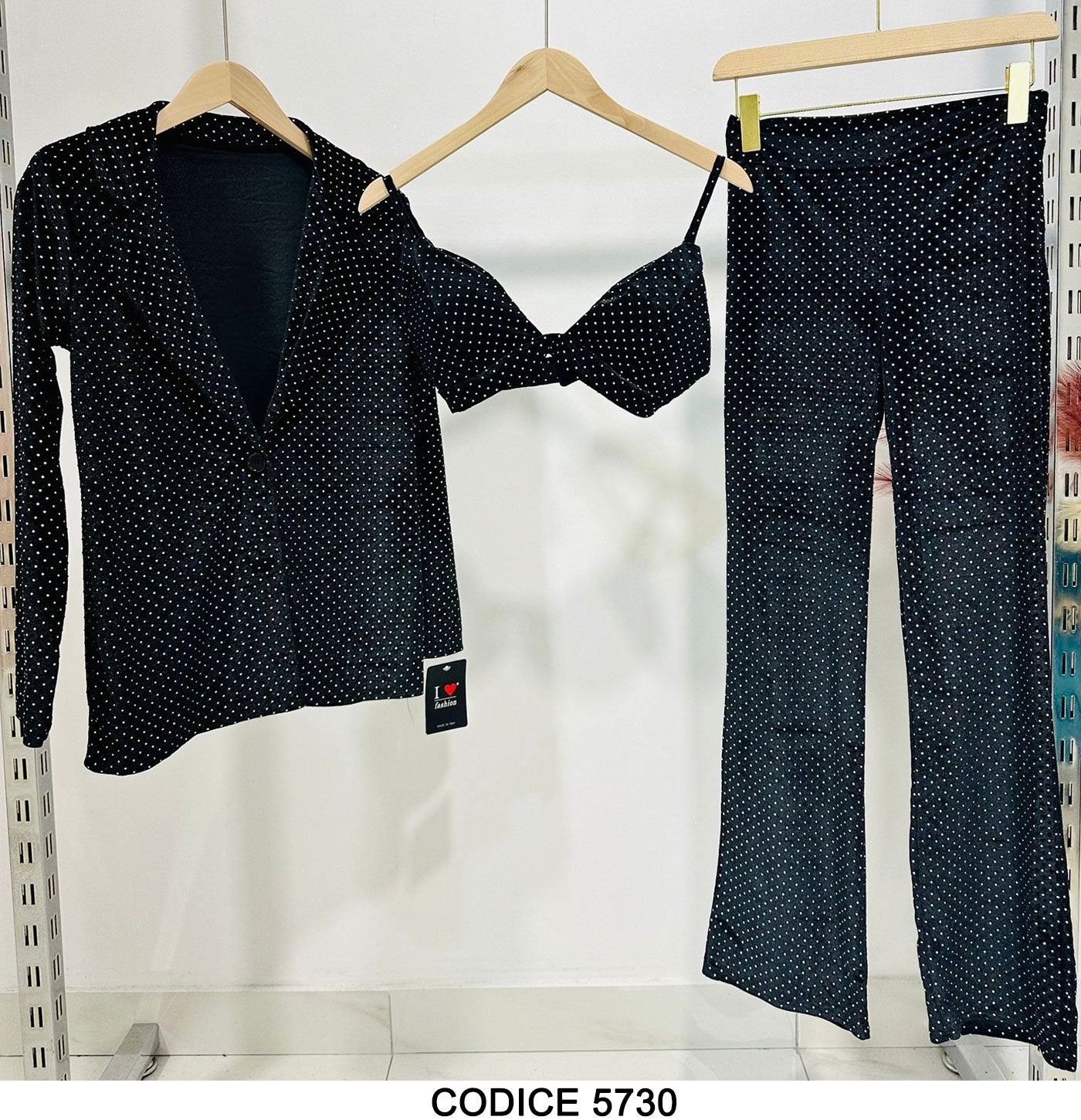 Tailleur 3 Pezzi Nero Completo Giacca Pantaloni Top Reggiseno Pois Strass in Metallo Coordinato Casual - 5730