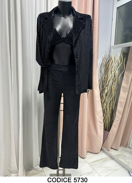 Tailleur 3 Pezzi Nero Completo Giacca Pantaloni Top Reggiseno Pois Strass in Metallo Coordinato Casual - 5730