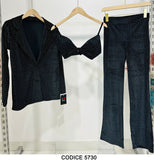 Tailleur 3 Pezzi Nero Completo Giacca Pantaloni Top Reggiseno Pois Strass in Metallo Coordinato Casual - 5730