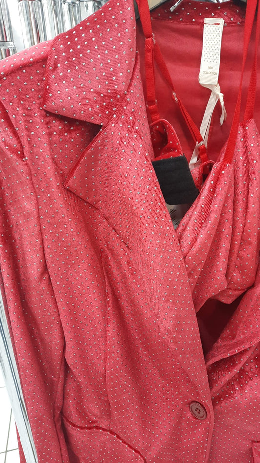 Tailleur 3 Pezzi Rosso Completo Giacca Pantaloni Top Reggiseno Pois Strass in Metallo Coordinato Casual - 5730