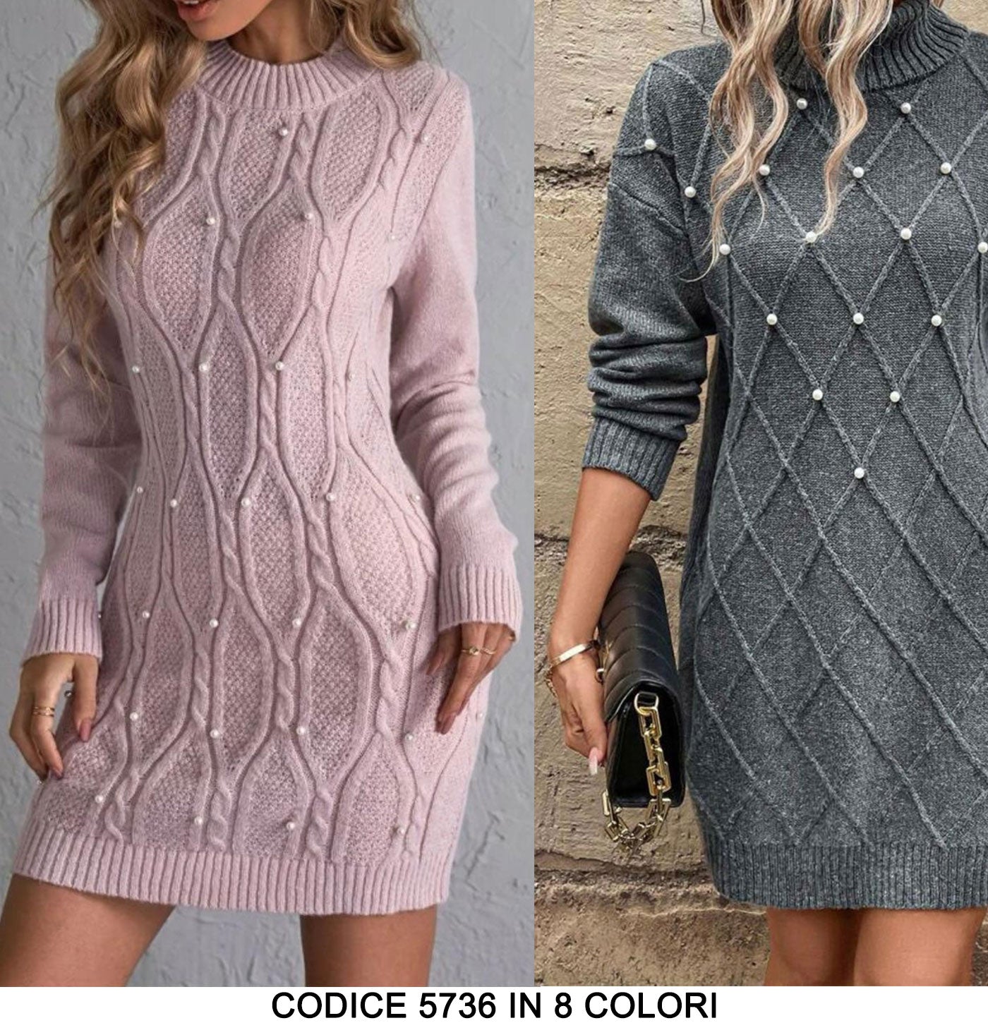 Abito Lungo in Maglia Caldo con Perle Perline Manica Lunga Vestito Casual Sensuale Girocollo in 8 Colori - 5736