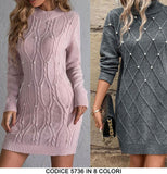 Abito Lungo in Maglia Caldo con Perle Perline Manica Lunga Vestito Casual Sensuale Girocollo in 8 Colori - 5736