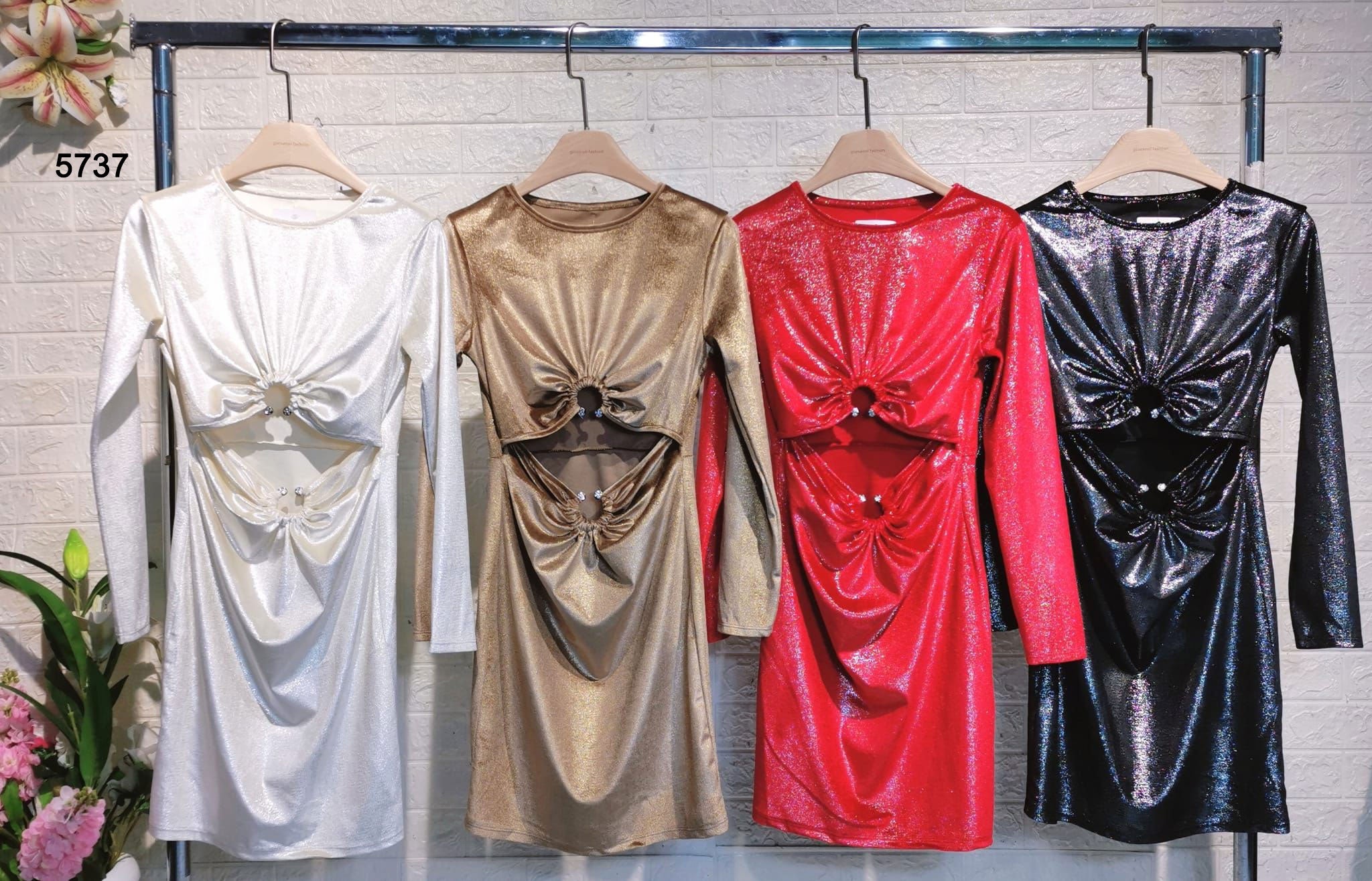 Abito Corto Cut Out Manica Lunga Effetto Metallizzato Elegante Casual Vestito Sensuale in 4 Colori - 5737