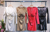 Abito Corto Cut Out Manica Lunga Effetto Metallizzato Elegante Casual Vestito Sensuale in 4 Colori - 5737