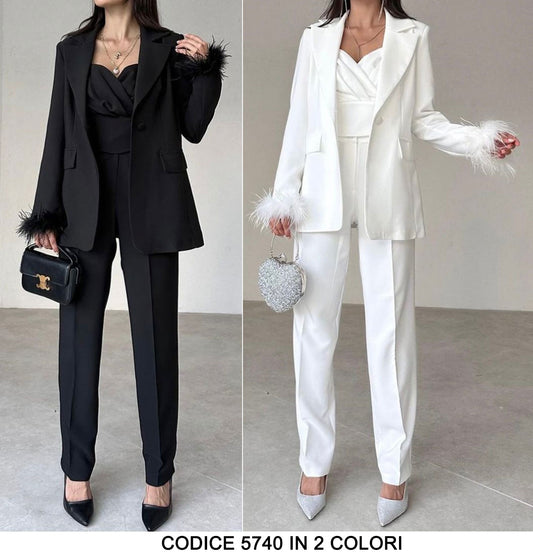 Tailleur Completo 3 Pezzi Giacca Pantalone E Maglia Top Piume Sui Polsini Elegante Casual In Bianco - 5740Out