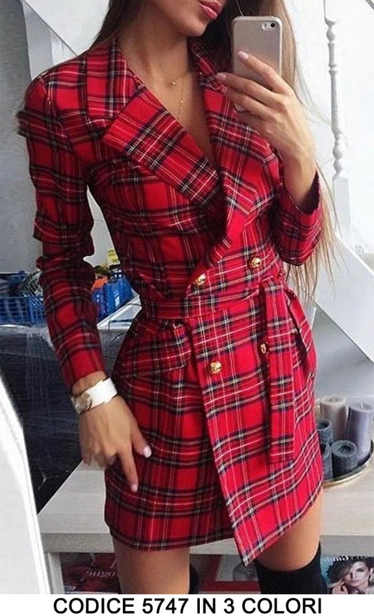 Abito Corto Casual in tessuto Scozzese con Cintura in Vita Bottoni Gioiello Dorati Vestito in 3 Colori - 5747