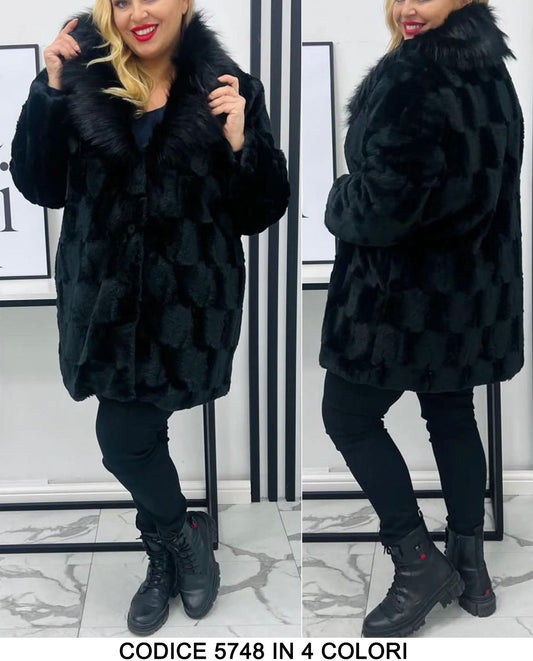 Cappotto Donna Inverno Trama Scacchi con Collo Ampio Pelliccia Casual Giubbotto Elegante in 4 Colori - 5748