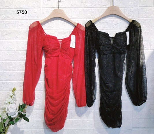 Abito Corto Aderente Brillantinato Maniche a Sbuffo Vestito Sensuale Casual in 2 Colori - 5750