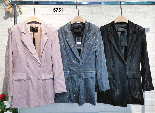 Vestito Corto Giacca Blazer doppio petto Brillantinata Elegante Casual con Bottoni in 3 Colori - 5751