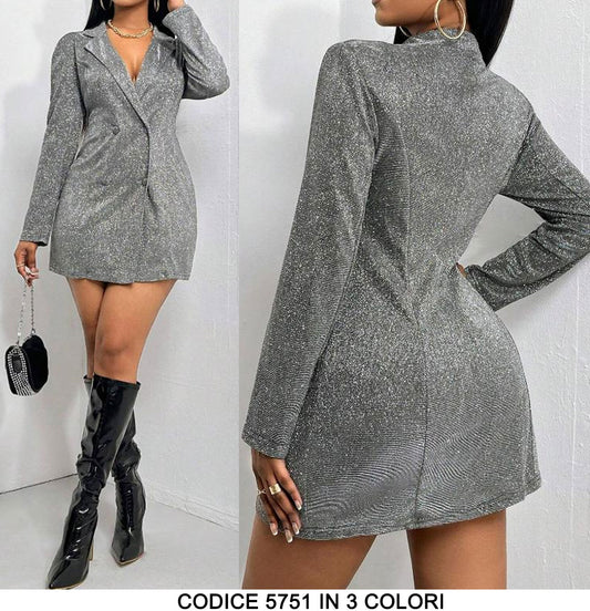 Vestito Corto Giacca Blazer doppio petto Brillantinata Elegante Casual con Bottoni in 3 Colori - 5751