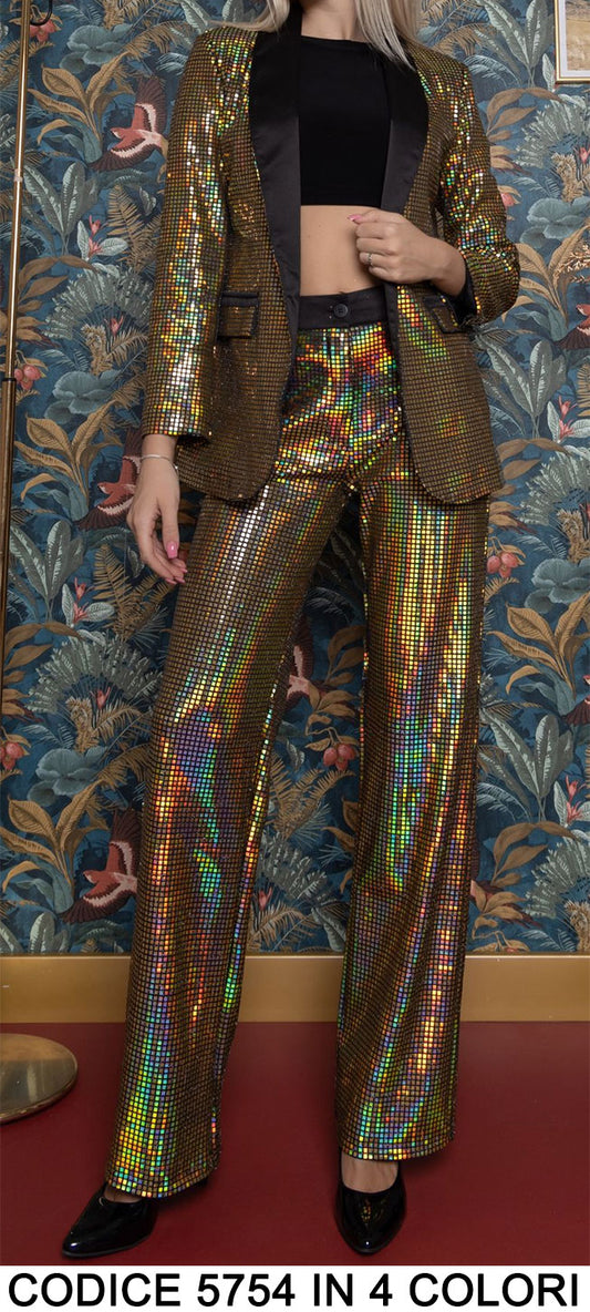 Tailleur Giacca e Pantalone Lucido Effetto Metallizzato con Particolari in eco Pelle Nero in 4 Colori - 5754