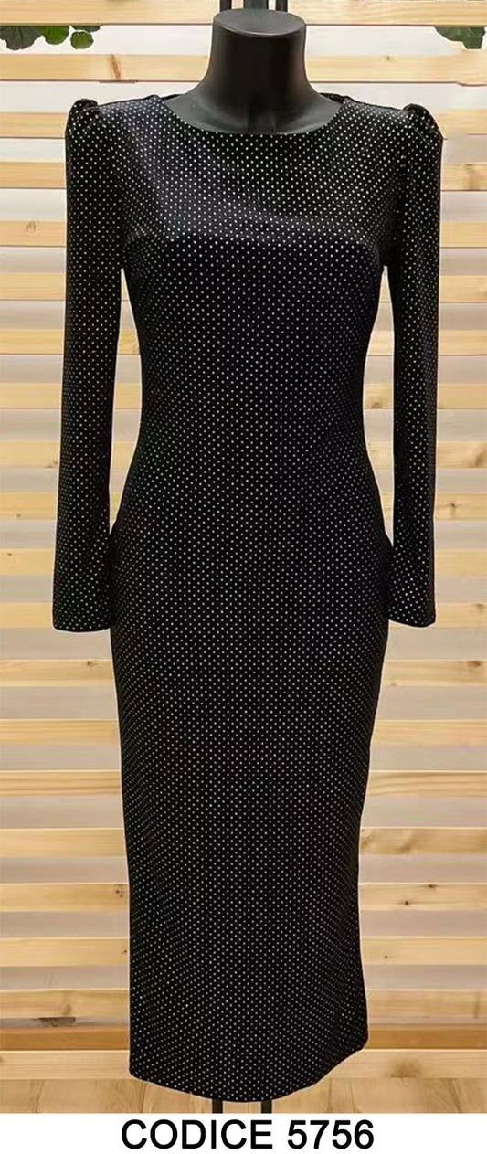 Abito Lungo da Serata Cerimonia Pois Strass in Metallo Lucidi Vestito Elegante Casual Nero - 5756