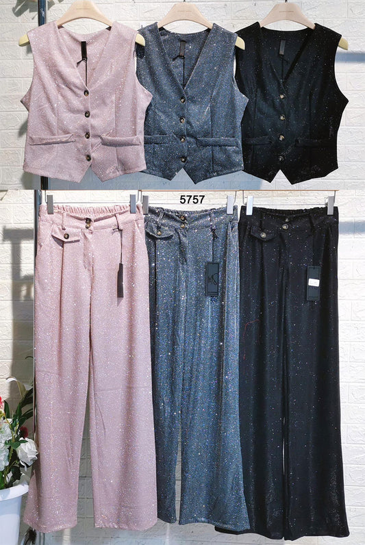 Completo Coordinato Gilet Pantalone con Taschini Bottoni Tailleur Brillantini Brillantinato in 3 Colori - 5757