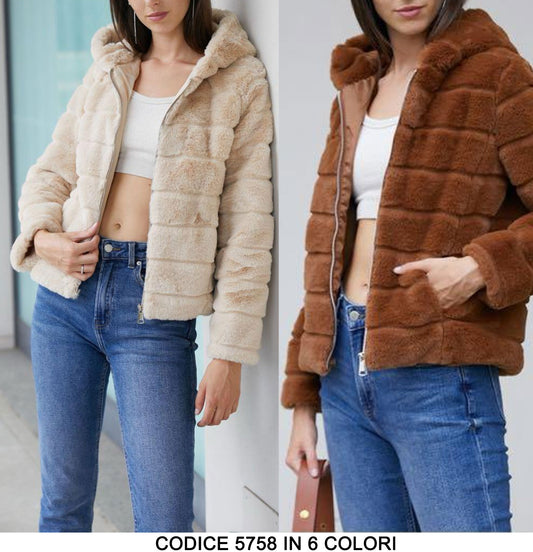 Pelliccia Giubbotto con Cappuccio Caldo Cappotto Trama Righe con Zip Casual in 6 Colori - 5758
