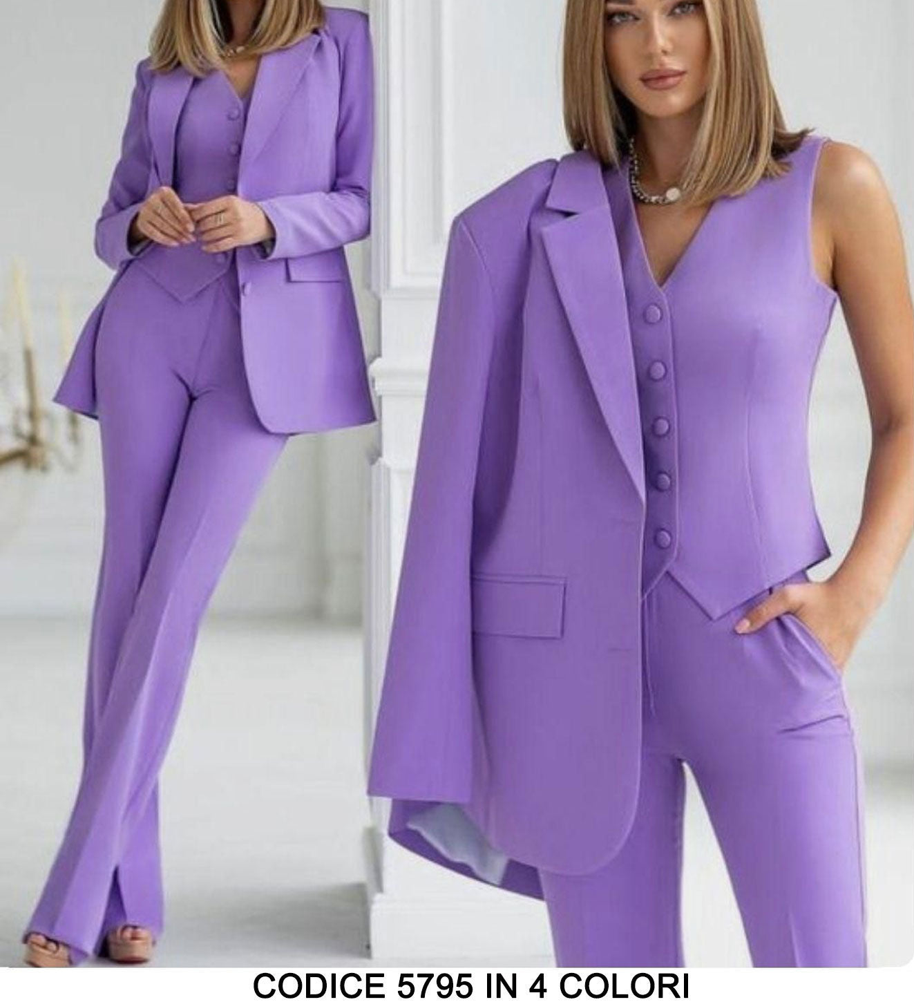 Tailleur 3 Pezzi Giacca Gilet Pantalone Donna Elegante Casual Completo Coordinato in 13 Colori - 5795