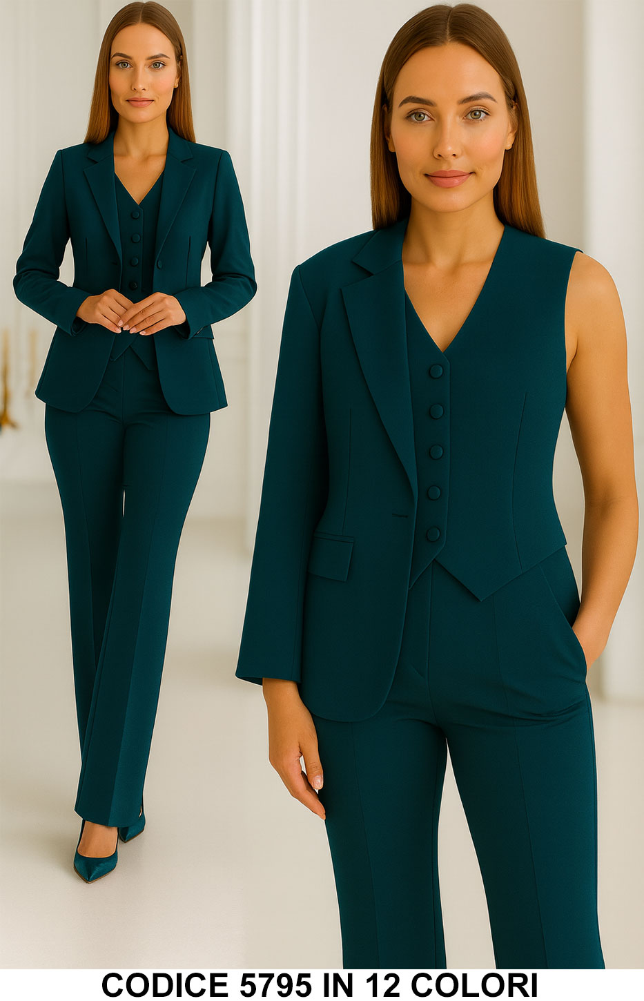 Tailleur 3 Pezzi Giacca Gilet Pantalone Donna Elegante Casual Completo Coordinato in 13 Colori - 5795