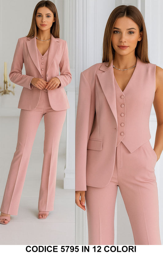 Tailleur 3 Pezzi Giacca Gilet Pantalone Donna Elegante Casual Completo Coordinato In 5 Colori - 5795Out