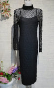 Completo Vestito Nero con Coprivestito Merletto Collo Alto Coordinato Casual Elegante da Serata - 5830