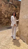 Completo Tailleur Merlettato Giacca e Pantaloni Merletto Elegante e Casual Coordinato Cerimonia in Bianco o Nero - 5846