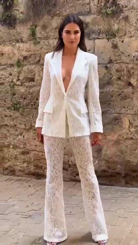 Completo Tailleur Merlettato Giacca e Pantaloni Merletto Elegante e Casual Coordinato Cerimonia in Bianco o Nero - 5846