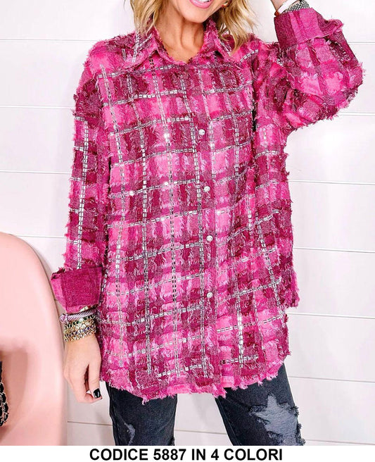 Camicia Donna Fashion con Applicazioni di Cristallini Luccicosi Trama Scacchi Effetto Strappato in 4 Colori - 5887