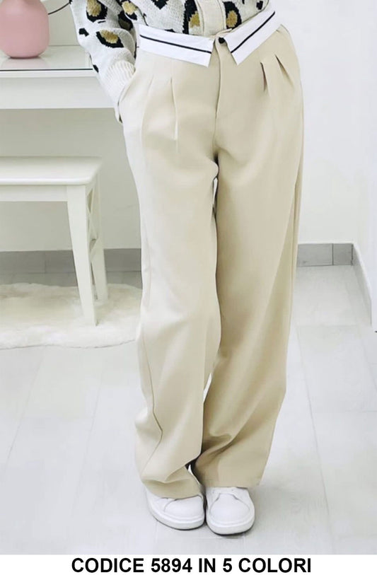 Pantalone Donna a Zampa Casual con Risvolto Fashion Bianco Pantaloni Donna Ragazza Comodi in 5 Colori - 5894