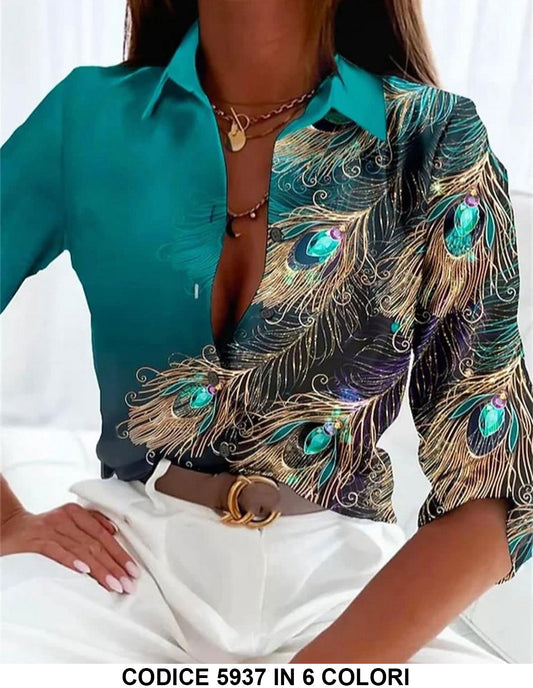 Camicia Casual Stampa Avanti e Indietro Pavone Donna Fashion in 6 Colori - 5937