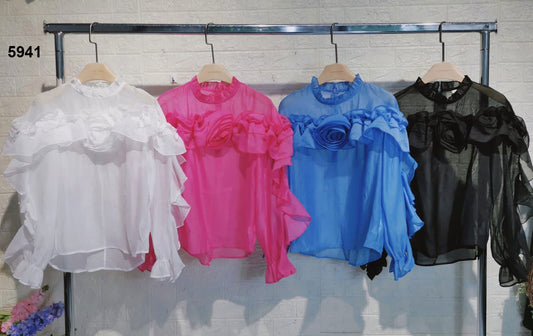 Camicia Donna Elegante con Volant e Rosa sul Petto Camicie Casual Colletto in 4 Colori - 5941
