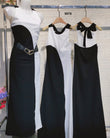 Vestito Elegante Bianco e Nero con Cintura Abito Bicolore Serata Cerimonia Lungo con Spacco - 5976