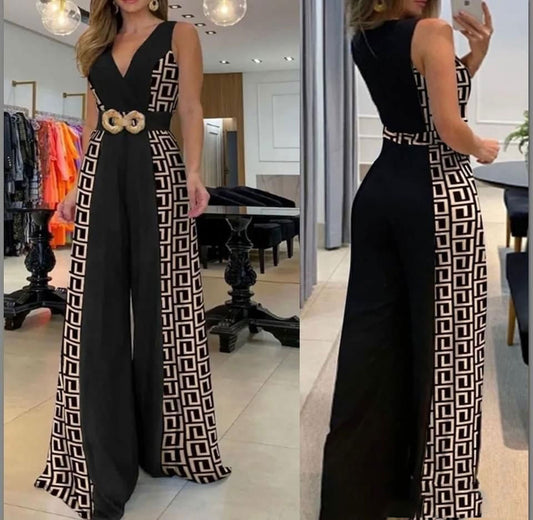 Tuta Intera Casual con Stampa Greca Bicolore Jumpsuit Elegante con Cintura Scollo V in 2 Colori - 6016