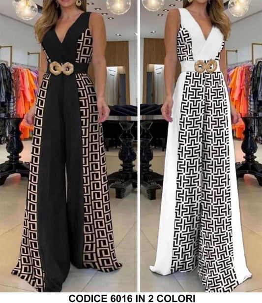 Tuta Intera Casual con Stampa Greca Bicolore Jumpsuit Elegante con Cintura Scollo V in 2 Colori - 6016