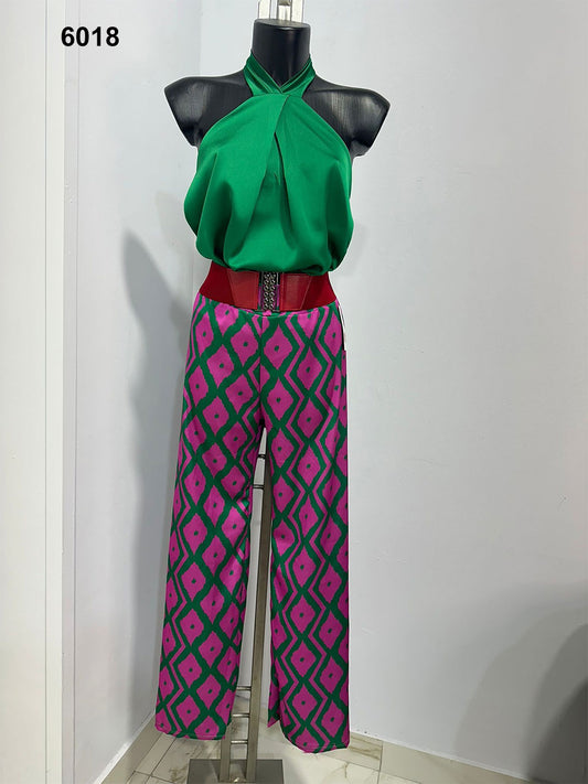 Completo Maglia Verde Collo All'Americana Pantalone Palazzo Magenta E Verde Coordinato Con Cintura - 6018Out