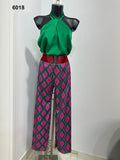 Completo Maglia Verde Collo all'Americana Pantalone Palazzo Magenta e Verde Coordinato con Cintura Casual Elegante - 6018