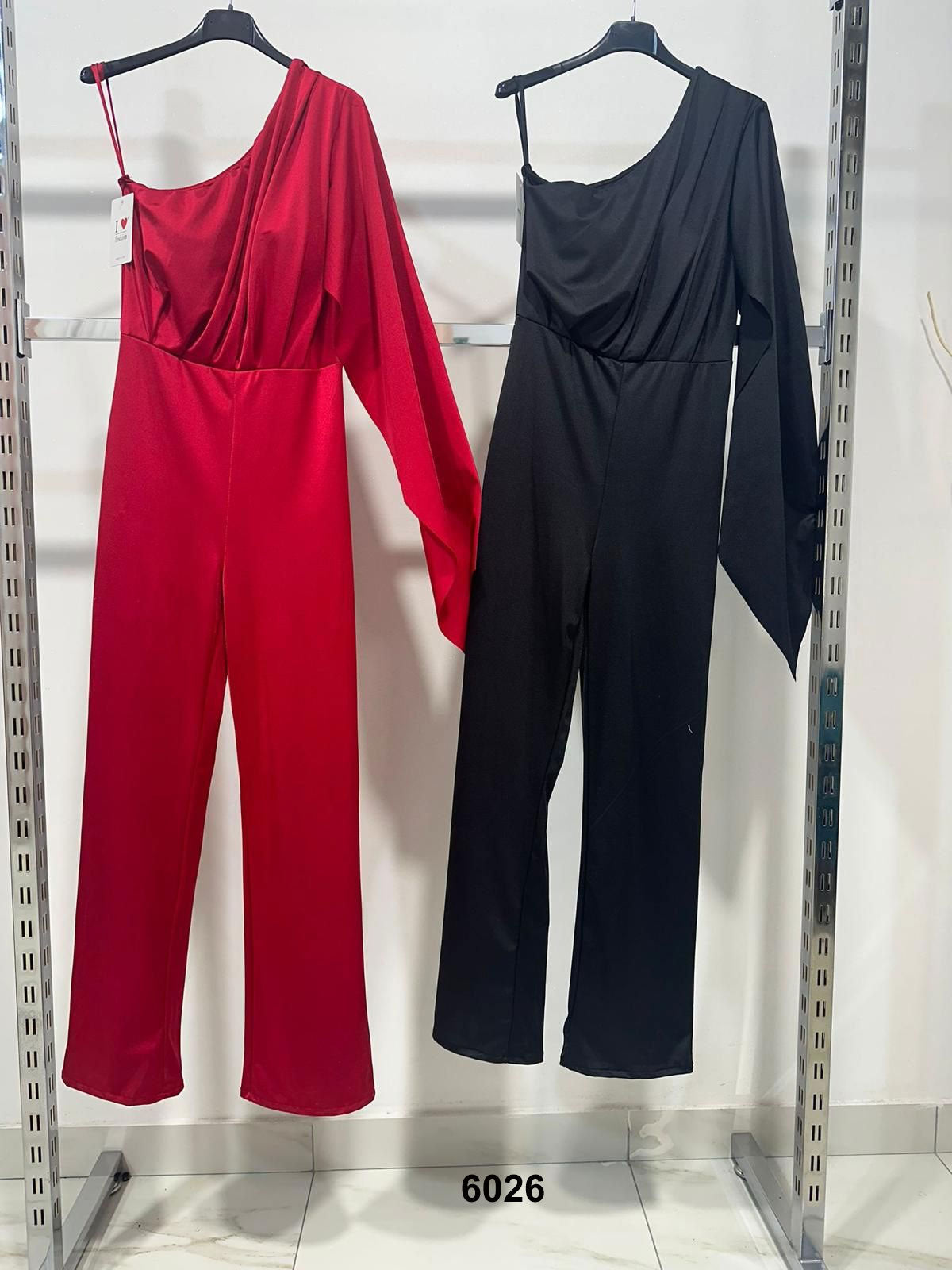 Tuta Elegante Monospalla Manica con Drappeggio Casual Jumpsuit Pantalone Palazzo in 2 Colori - 6026
